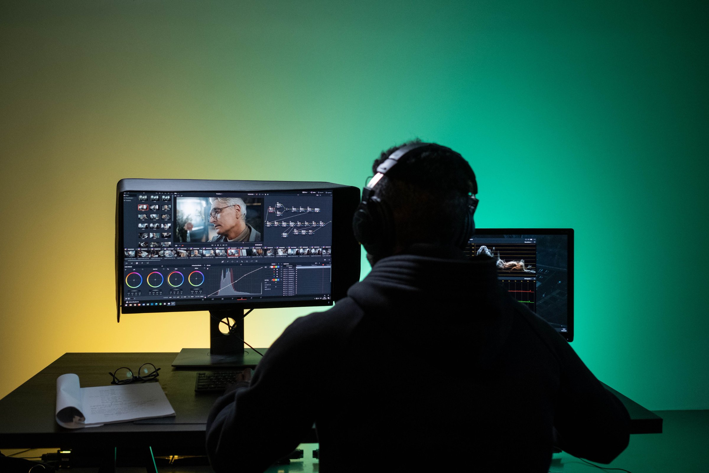 Video editor wearing headphones and editing footage on two computer monitors.